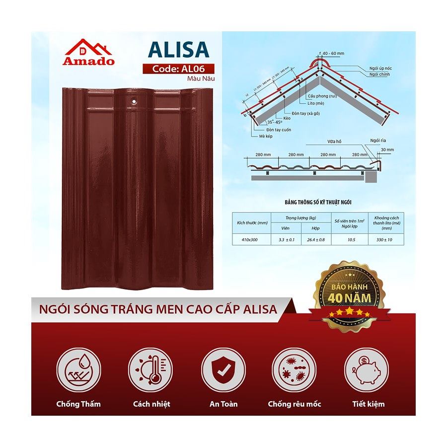 Ngói sóng Amado Alisa AL06 – màu nâu cà phê