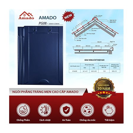Ngói phẳng Amado PG08 – màu xanh coban