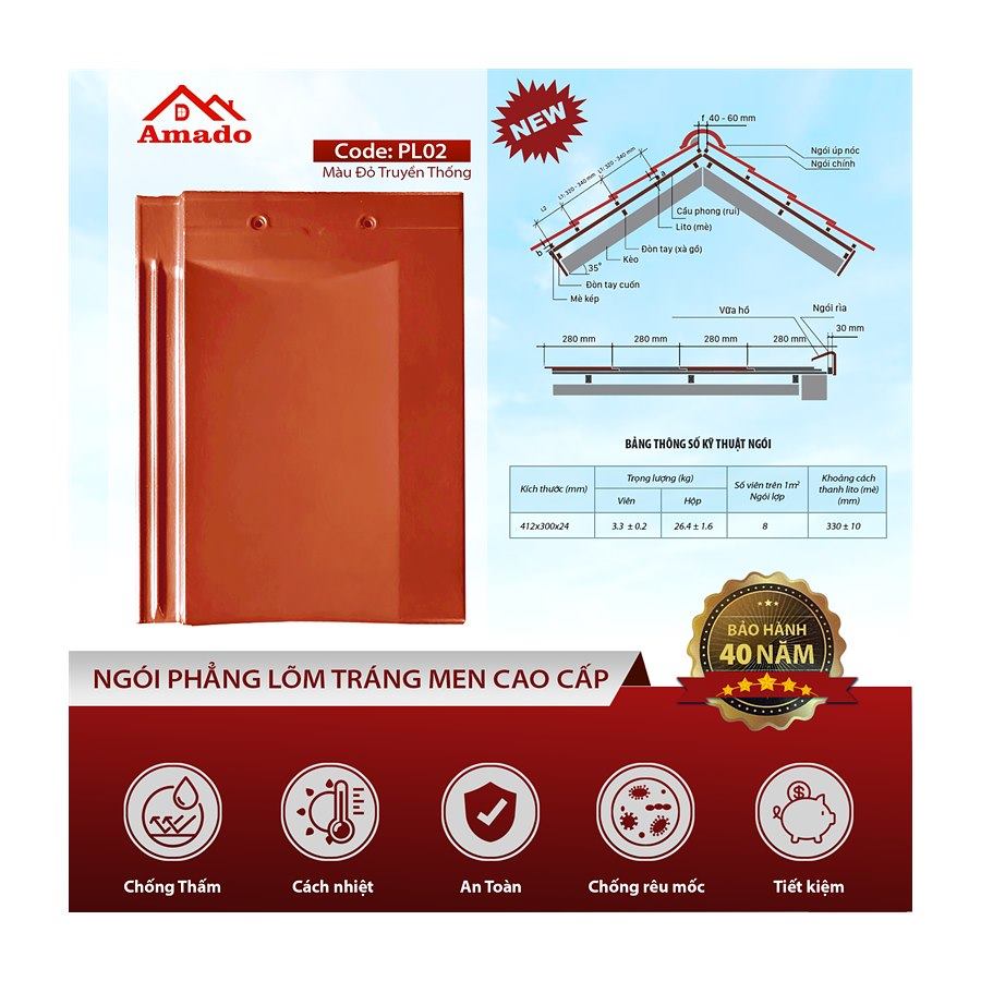 Ngói phẳng Amado PL02 – màu đỏ truyền thống