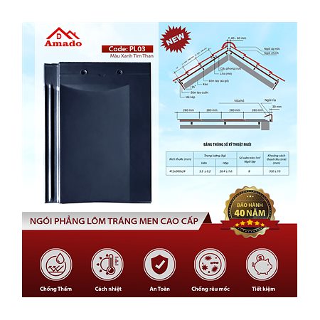 Ngói phẳng Amado PL03 – màu xanh tím than