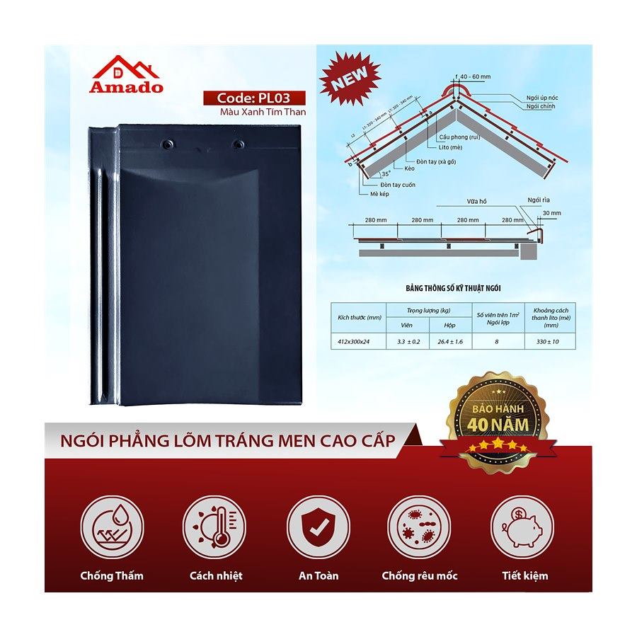 Ngói phẳng Amado PL03 – màu xanh tím than