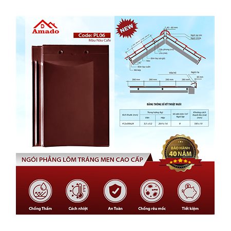 Ngói phẳng Amado PL06 – màu nâu cafe