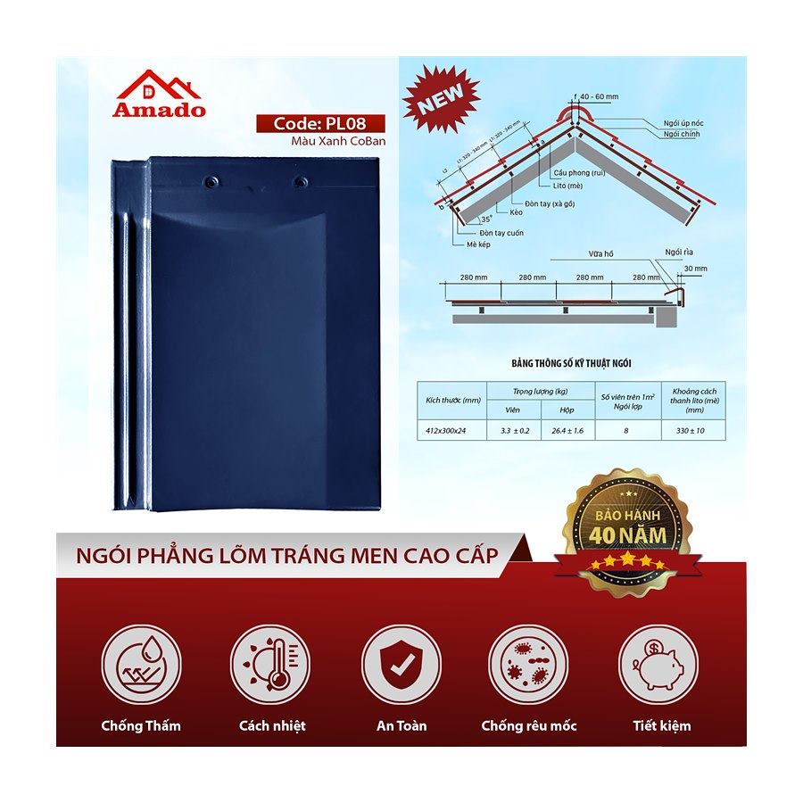 Ngói phẳng Amado PL08 – màu xanh coban
