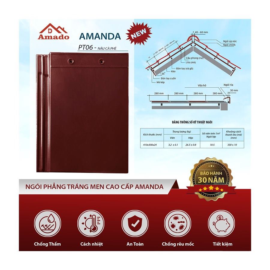 Ngói phẳng Amado Amanda PT06 – màu nâu cà phê