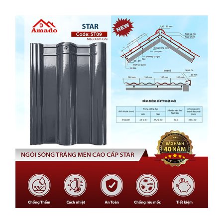 Ngói sóng Amado Star ST09 – màu ghi xám