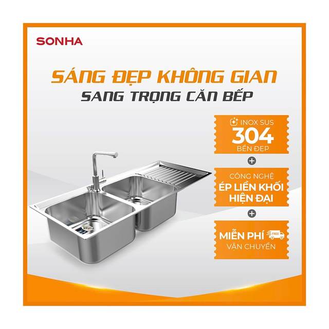 Chậu rửa bát inox cao cấp Sơn Hà 2 hố cân 1 bàn