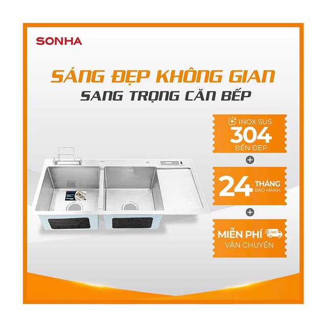 Chậu inox cao cấp Sơn Hà Luxury Handmade 2 hố 1 bàn