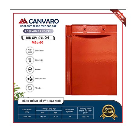 Ngói phẳng tráng men VNHome Canvaro CVL 04 – đỏ