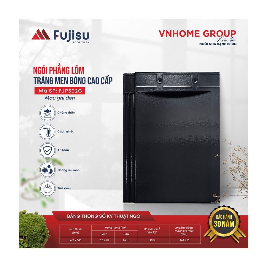 Ngói phẳng tráng men VNHome Fujisu FJP302G – ghi đen