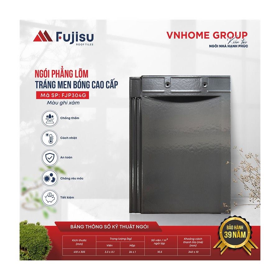 Ngói phẳng tráng men VNHome Fujisu FJP304G – ghi xám