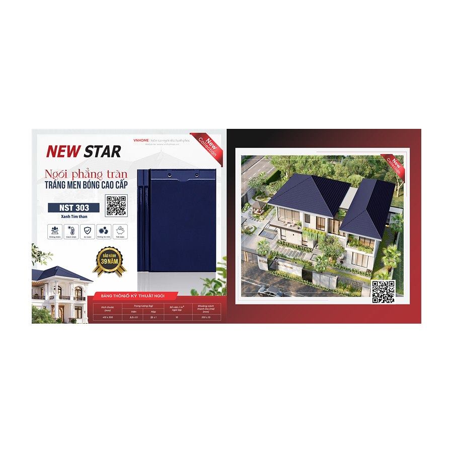 Ngói phẳng tráng men VNHome Tràn New Star NST 303 – xanh tím than