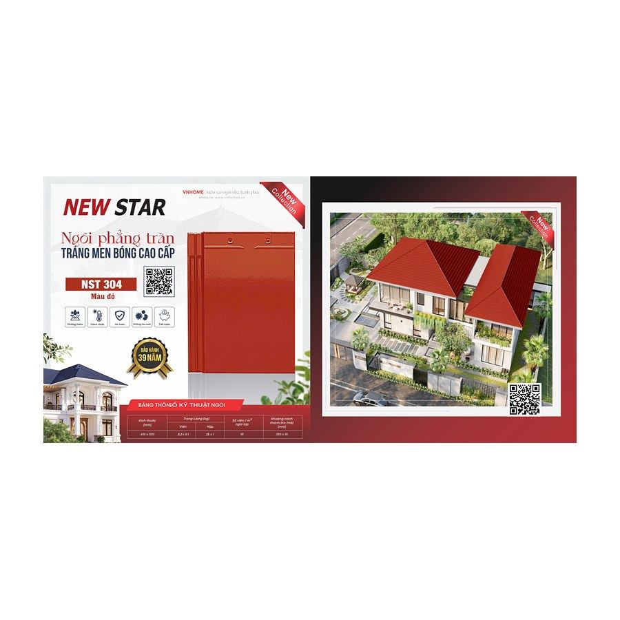 Ngói phẳng tráng men VNHome Tràn New Star NST 304 – đỏ