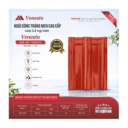 Ngói sóng tráng men VNHome Venesto VES104 – đỏ