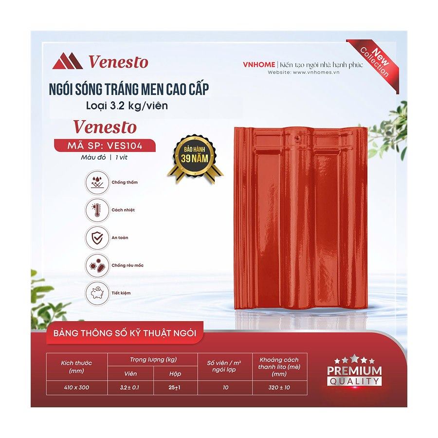 Ngói sóng tráng men VNHome Venesto VES104 – đỏ