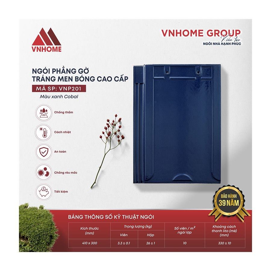 Ngói phẳng tráng men VNHome Gờ VNP201 – xanh coban