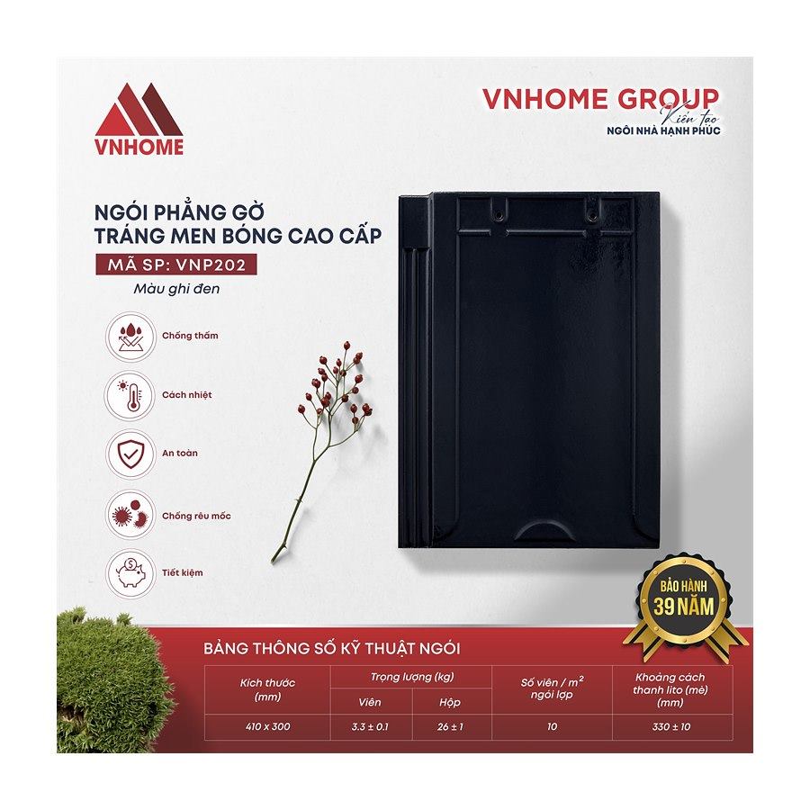Ngói phẳng tráng men VNHome Gờ VNP202 – ghi đen