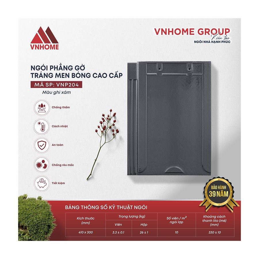 Ngói phẳng tráng men VNHome Gờ VNP204 – ghi xám