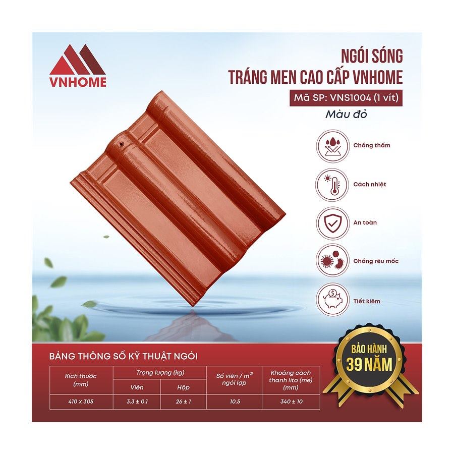 Ngói sóng tráng men VNHome VNS1004 – đỏ