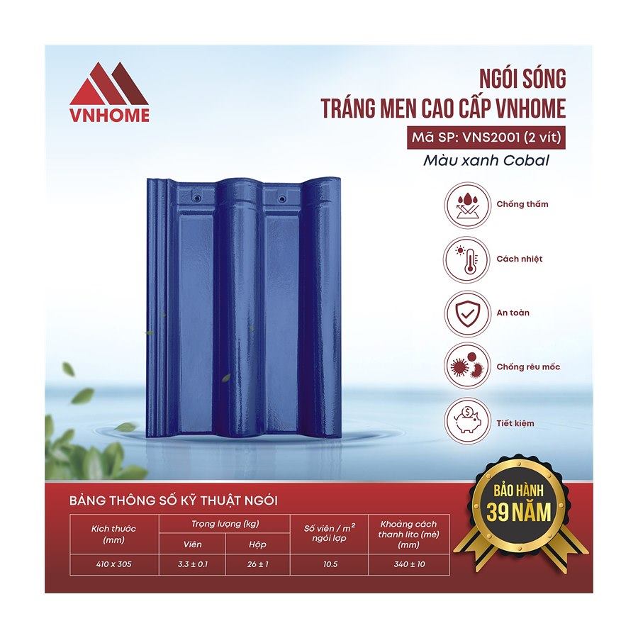 Ngói sóng tráng men VNHome VNS2001 – xanh coban