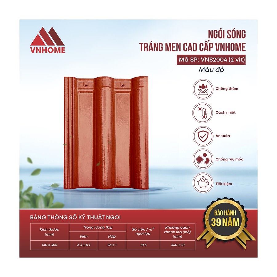 Ngói sóng tráng men VNHome VNS2004 – đỏ